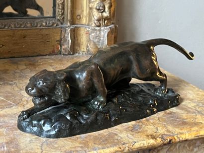 Brown patina bronze sculpture of a panther...