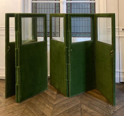 Pair of three-leaf folding screens lined...