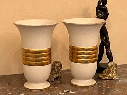 Pair of Art Deco style vases in cream glazed...