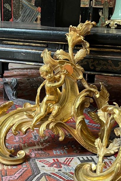 Pair of Louis XV style gilt bronze andirons...