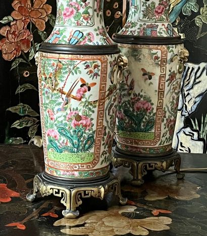 Two Canton porcelain oil lamps (accidents,...