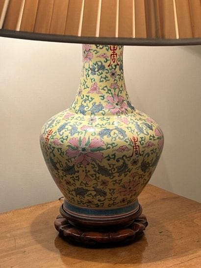 Porcelain lamp, polychrome enamel on a yellow...