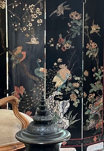 Four-leaf wooden folding screen with polychrome...