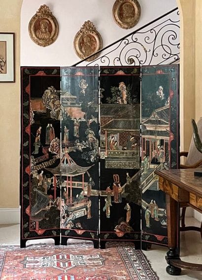 Four-leaf wooden folding screen with polychrome...