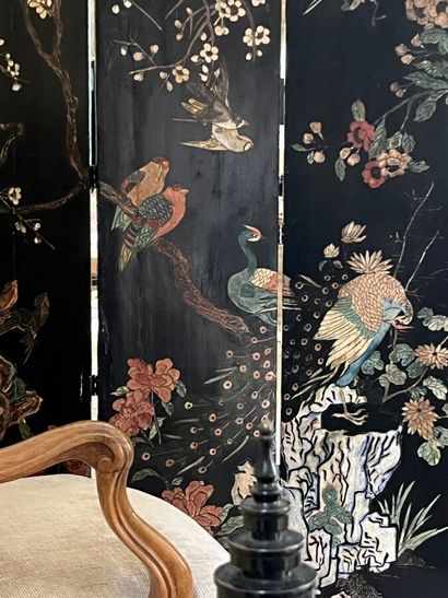Four-leaf wooden folding screen with polychrome...
