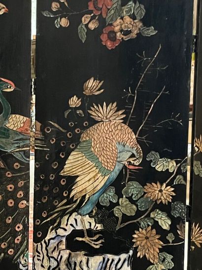 Four-leaf wooden folding screen with polychrome...