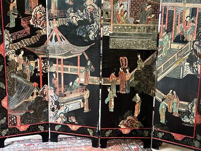 Four-leaf wooden folding screen with polychrome...