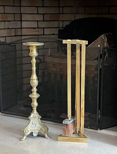 Brass mantelpiece and candlestick
Heights:...