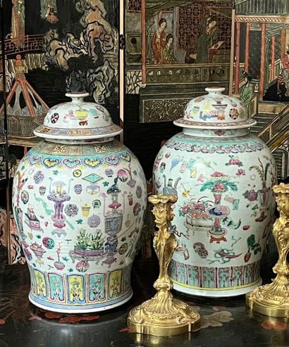 Pair of polychrome enameled porcelain jugs,...