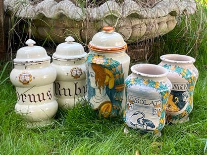 Five albarelli, or medicine jars, in polychrome...