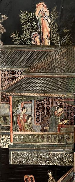 Four-leaf wooden folding screen with polychrome...