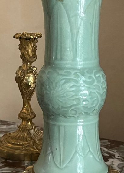 Celadon-glazed porcelain cone-shaped vase,...