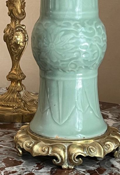 Celadon-glazed porcelain cone-shaped vase,...
