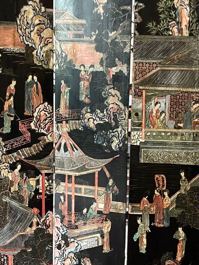 Four-leaf wooden folding screen with polychrome...