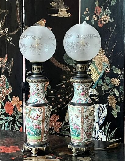 Two Canton porcelain oil lamps (accidents,...