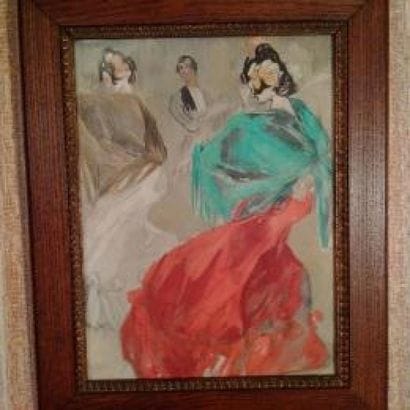Ecole espagnole du XXe.
Scène de personnages.
Gouache...
