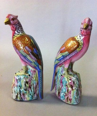 Paire de perroquets en porcelaine polychrome...