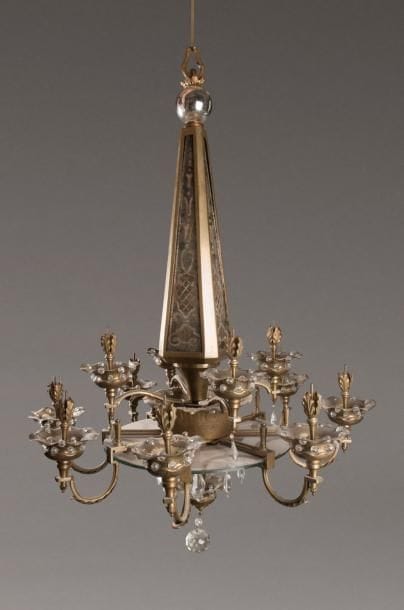 Lustre en bronze et cuivre, le fût octogonal...