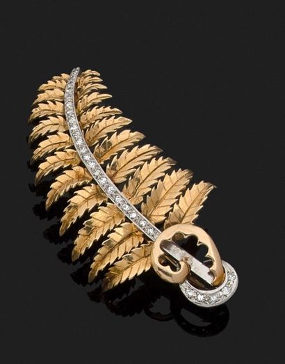 BROCHE FOUGÈRE en or jaune et gris 18k (750...