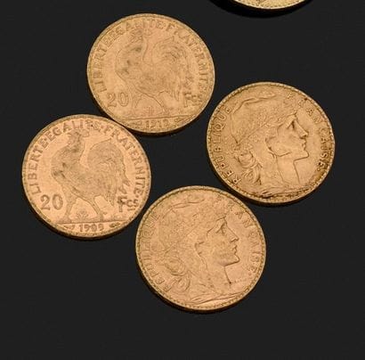 France
QUATRE PIÈCES DE 20 FRANCS or 1907,...