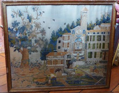 Broderie représentant un paysage à décor...