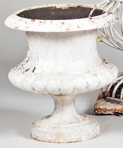 Deux vases de jardin sur piédouche en fonte...