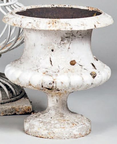 Deux vases de jardin sur piédouche en fonte...