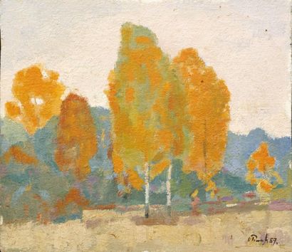 Paysage aux arbres jaunes, 1957 Huile sur...