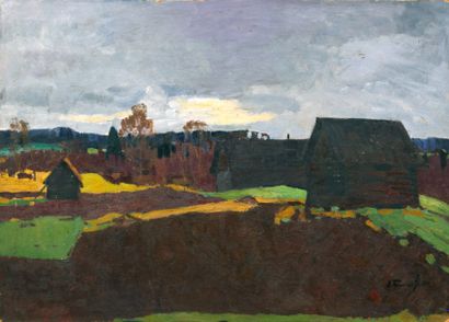 Paysage aux cabanes noires, 1960 Huile sur...
