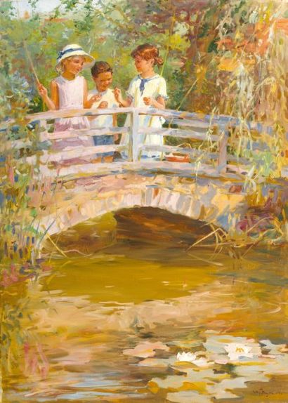 Les petits pêcheurs Huile sur toile portant...