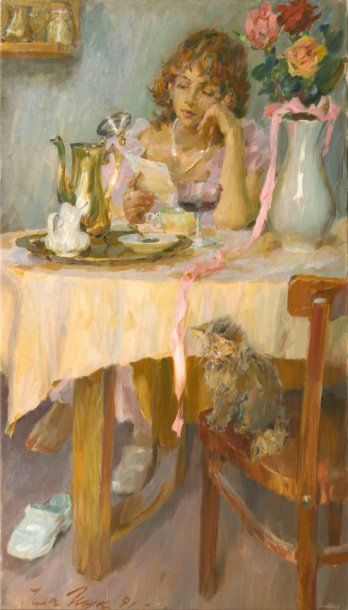 Femme lisant une lettre et chat, 99 Huile...