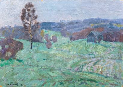 Paysage bleu, 1969 Huile sur panneau signée...