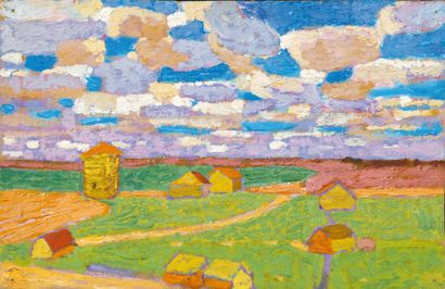 Paysage fauve Huile sur panneau signée et...
