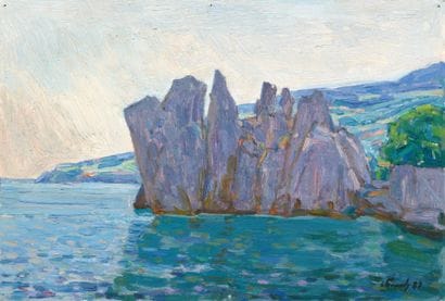 Falaises bleues, 1987 Huile sur panneau signée...
