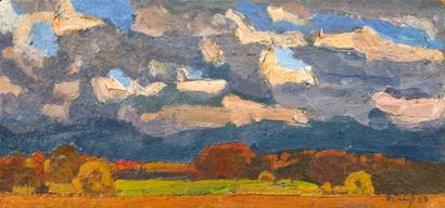 Paysage orageux, 1963 Huile sur panneau signée...