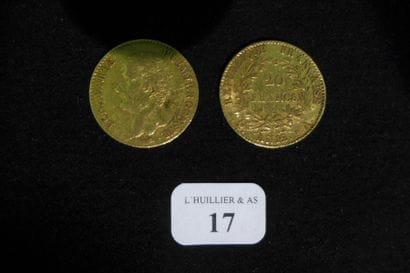 FRANCE

Lot de deux pièces de 20 francs or,...