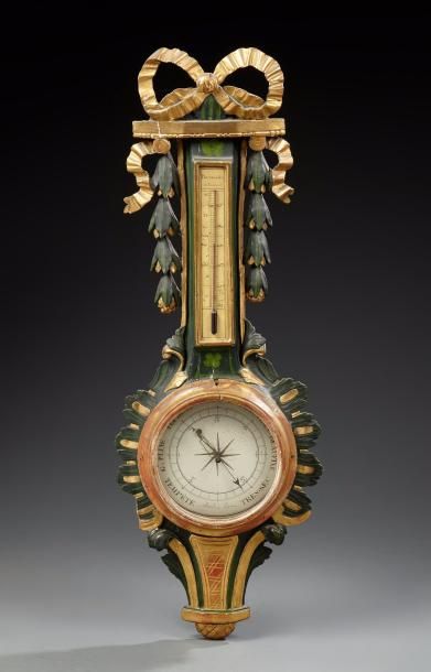 Baromètre-thermomètre en bois sculpté, relaqué...
