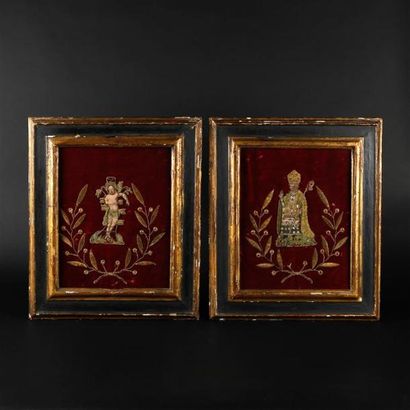 Deux broderies Saint Sébastien et Saint Évêque...