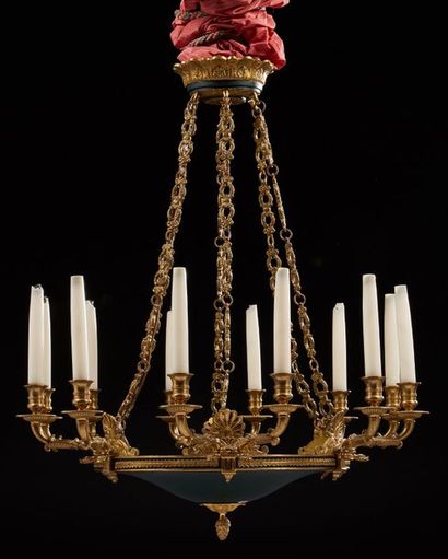 Lustre en bronze doré et tôle laqué vert...