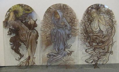 Suite de trois plaques de verre peintes à...