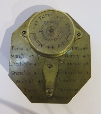 Cadran solaire en laiton gravé. Platine octogonale...