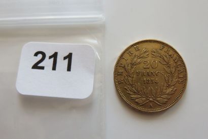 20 Francs or Napoléon III, tête nue 1854...