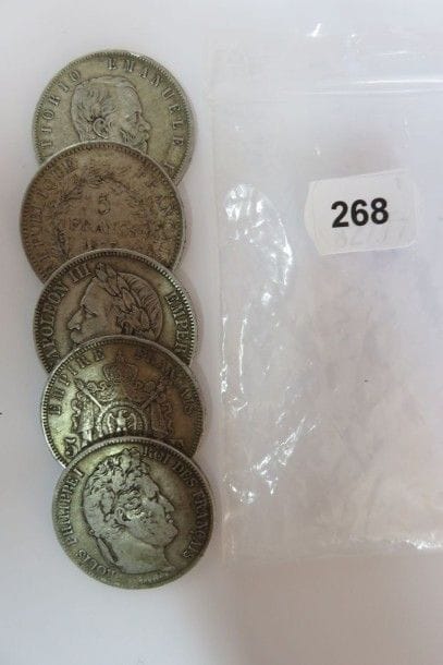 Lot de 5 x écu de 5 Francs divers en argent...