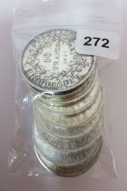 Lot de 9 x 10 Francs Hercule en argent