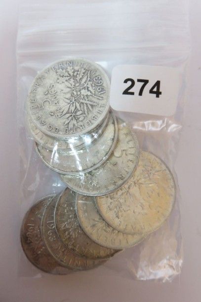 Lot de 9 x 5 Francs Semeuse en argent