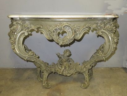 Console en bois laqué gris mouluré et sculpté,...