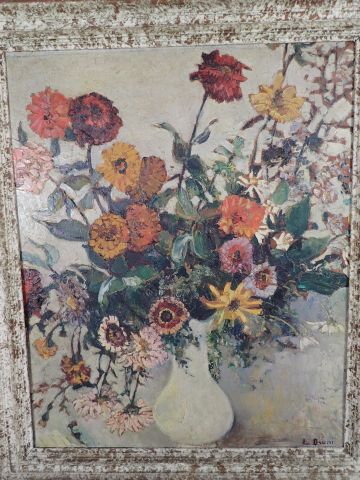 L. BOUNI, nature morte au vase de dahlia....
