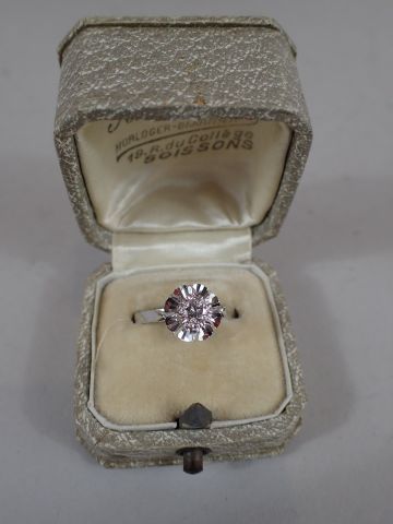 Bague solitaire en or gris et platine centrée...