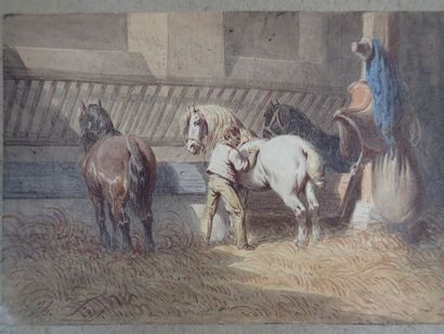Theodore FORT (1810-1896), chevaux à l'étable,...