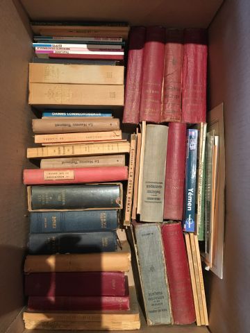 Carton de livres brochés et reliés. En l...